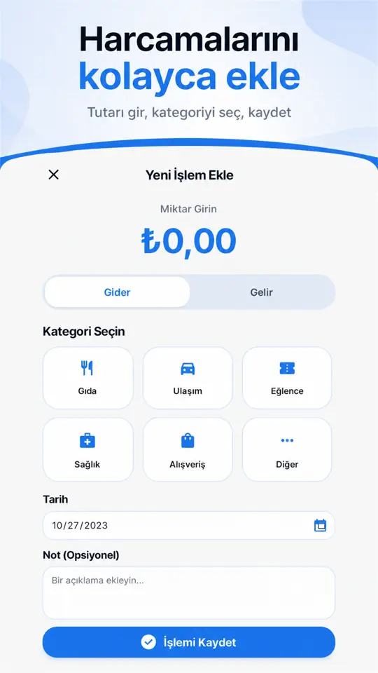Bütçe Takibi hızlı harcama ekleme ekranı