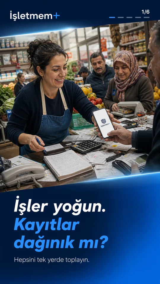 Yoğun bir manavda dağınık kağıt kayıtlar arasında çalışan esnaf — 'İşler yoğun, kayıtlar dağınık mı?'