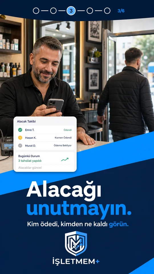 Berber dükkânında alacak takibi ekranı — 'Alacağı unutmayın'