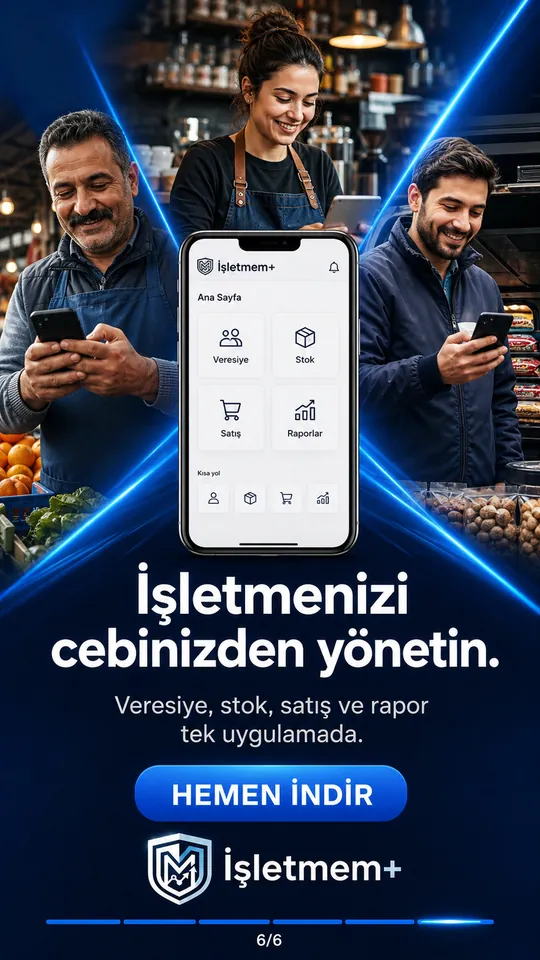 Üç esnaf uygulamayı kullanıyor, ana ekran görünüyor — 'İşletmenizi cebinizden yönetin'